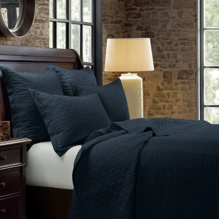 LINEN-COTTON DIAMOND QUILTED COVERLET SET - NAVY/FULL-QUEEN