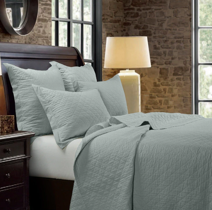 LINEN-COTTON DIAMOND QUILTED COVERLET SET -SEAGLASS/FULL-QUEEN