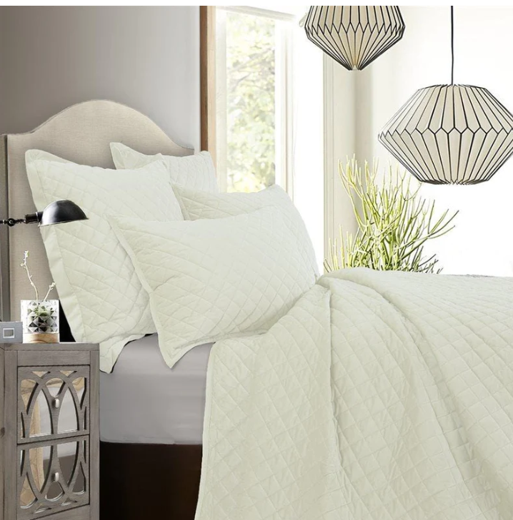 VELVET DIAMOND QUILTED COVERLET SET - CREAM/FULL-QUEEN