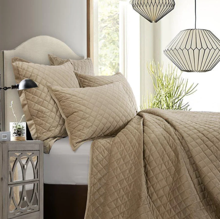 VELVET DIAMOND QUILTED COVERLET SET - OATMEAL/KING