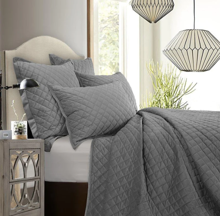 VELVET DIAMOND QUILTED COVERLET SET - GREY/FULL-QUEEN