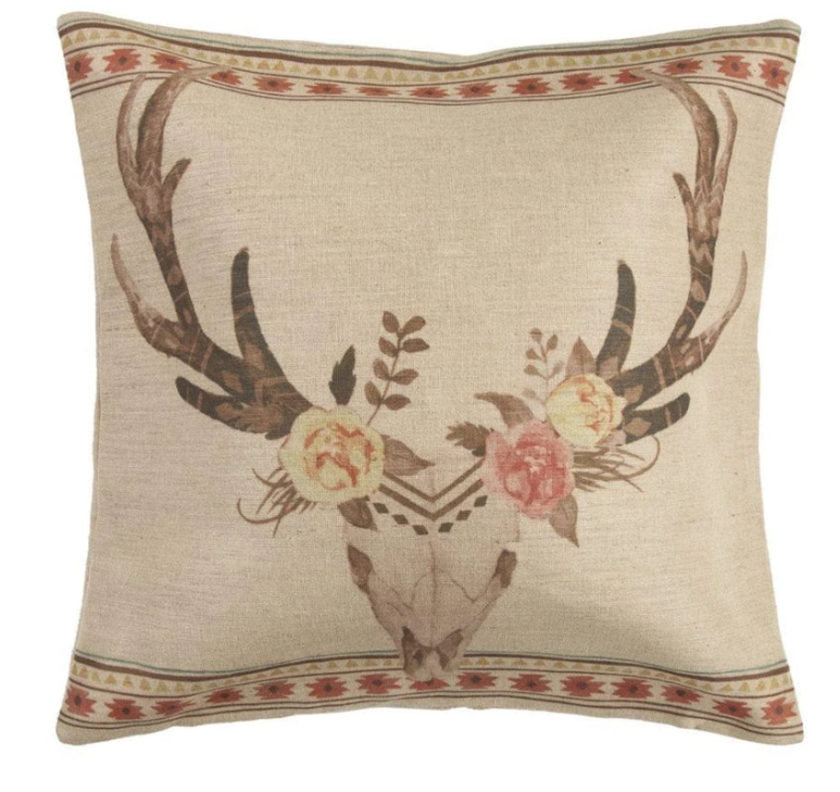 DESERT SKULL FLORAL BURLAP PILLOW