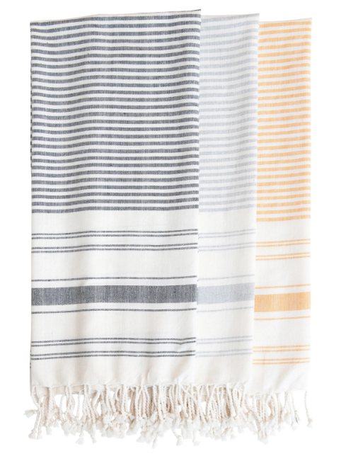 TURKISH COTTON STRIPED BATH TOWEL WITH BRAIDED FRINGE - SOFT GRAY