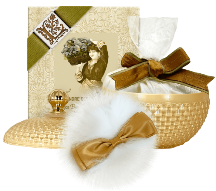 EMBRASSE MOI RICE BODY POWDER 6oz IN A GLASS VESSEL WITH AUSTRALIAN PUFF