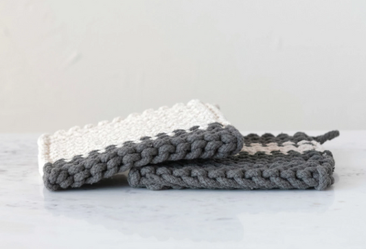 POT HOLDER HAND CROCHETED COTTON - CHARCOAL/CREAM