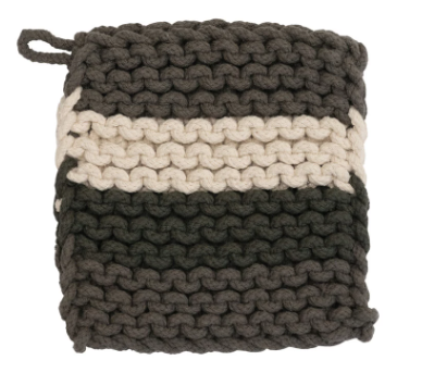 POT HOLDER HAND CROCHETED COTTON - CHARCOAL/CREAM