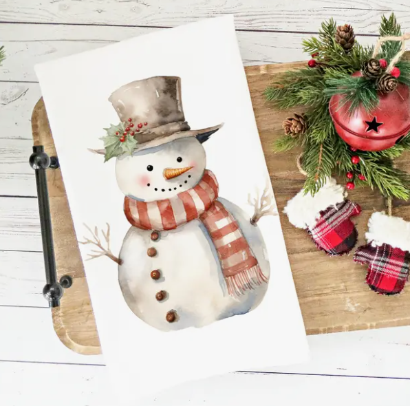CHRISTMAS WATERCOLOR SNOWMAN KITCHEN TOWEL