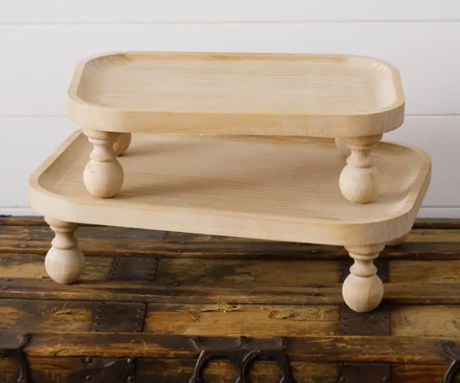 NATURAL WOOD TRAYS WITH BALL FEET/ RISER - ASSORTED SIZES