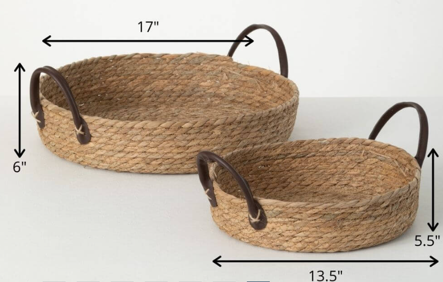 HANDLED WOVEN ROUND WICKER TRAY BASKET W/LEATHER HANDLES - ASSORTED