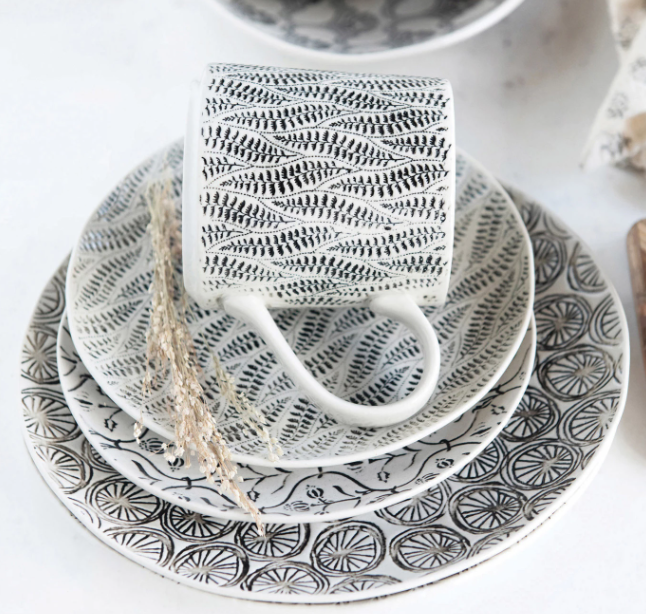 HAND-STAMPED BLACK & CREAM PATTERNED MUG - 4 STYLES