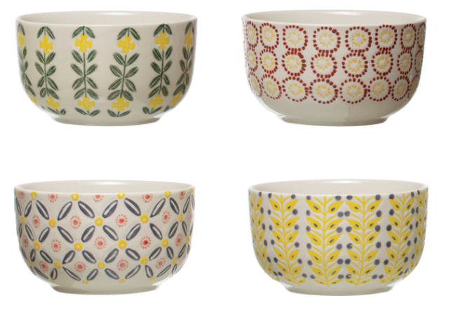 HAND-STAMPED BRIGHT COLOR PATTERNED STONEWARE BOWL- 4 STYLES