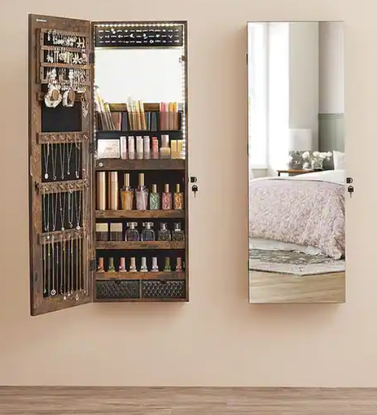 MIRRORED JEWELRY CABINET ARMOIRE ORGANIZER - RUSTIC BROWN /WALL MOUNTED OR OVER THE DOOR HUNG