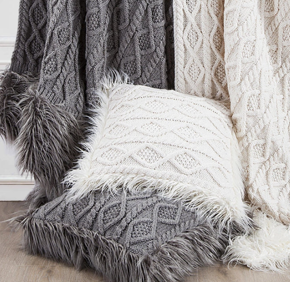 NORDIC CABLE KNIT & MONGOLIAN FUR THROW BLANKET - ASSORTED