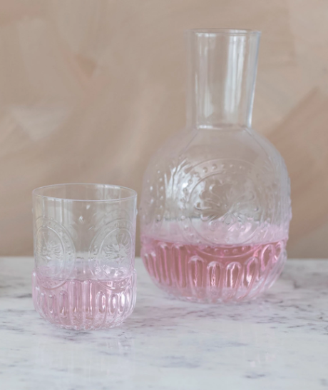 28OZ. EMBOSSED GLASS CARAFE W/ 8OZ. EMBOSSED DRINKING GLASS