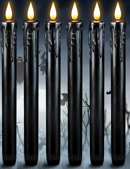 BLACK FLAMELESS REAL WAX LED TAPER CANDLES BATTERY OPERATED SET OF 6