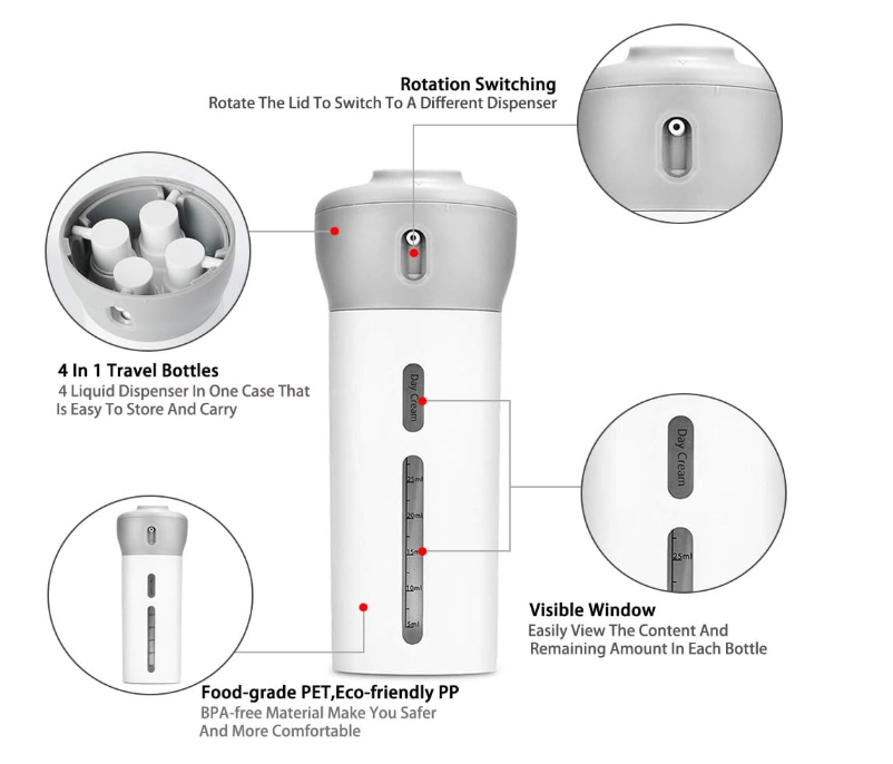 4 in 1 TRAVEL DISPENSER SHAMPOO/LOTION TRAVEL BOTTLE - GRAY