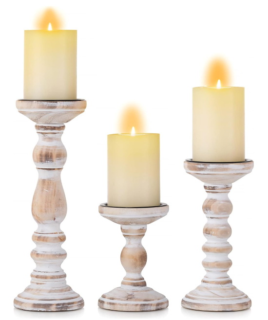 WHITE-WASHED WOOD PILLAR CANDLE HOLDERS - ASSORTED