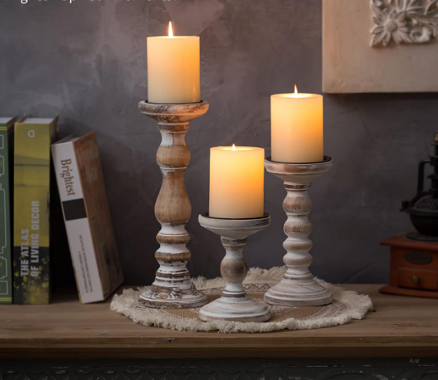 WHITE-WASHED WOOD PILLAR CANDLE HOLDERS - ASSORTED
