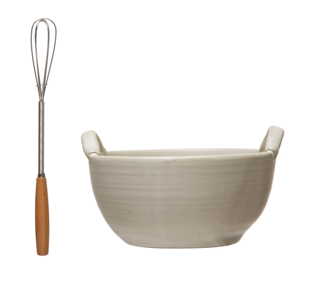 STONEWARE BOWL WITH WOOD HANDLED WHISK