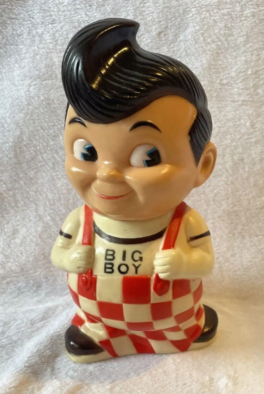 VINTAGE LARGE RESTAURANT BIG BOY COIN BANK 9" CHUBBY RED/WHITE