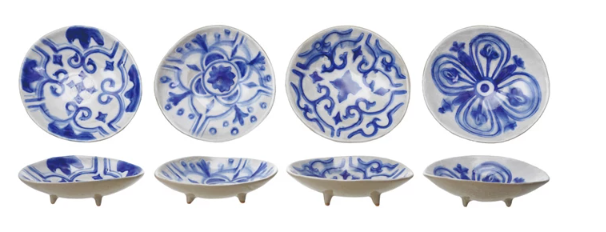 HAND-PAINTED STONEWARE FOOTED BLUE & WHITE DISH - 4 STYLES