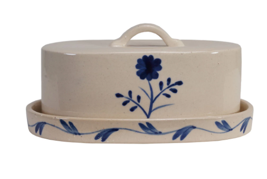HAND-PAINTED BLUE & WHITE STONEWARE BUTTER DISH WITH FLOWER