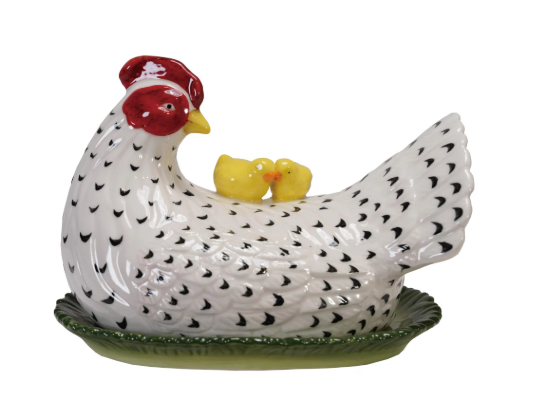 HAND-PAINTED VINTAGE REPRODUCTION HEN WITH CHICKS BUTTER DISH