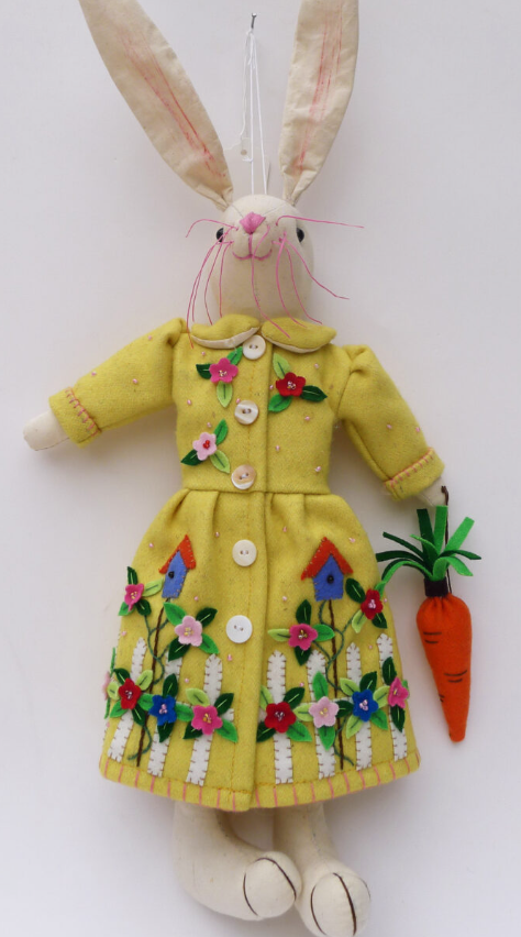 FELTED STUFFED BUNNY RABBIT IN YELLOW DRESS W/ CARROT - 17"