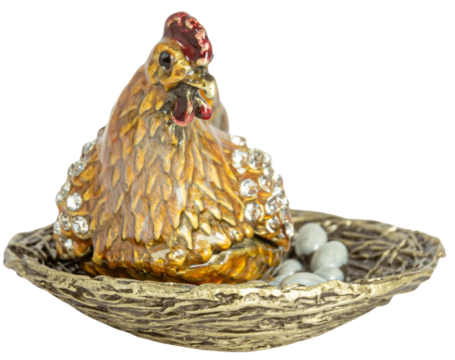 ENAMELED METAL HEN ON NEST TRINKET BOX