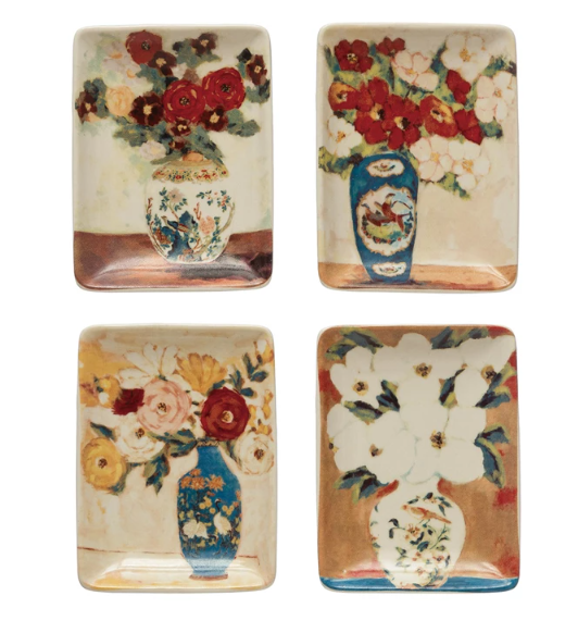 STONEWARE DISH WITH FLOWERS IN VASE - ASSORTED