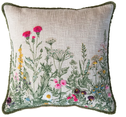 18" WILDFLOWER EMBROIDERED COTTON SLUB PRINTED PILLOW