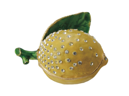 ENAMELED METAL LEMON SHAPED TRINKET BOX W/ JEWELS