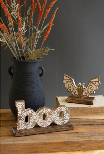 CARVED WOODEN HALLOWEEN BOO & BAT TABLETOP DECOR