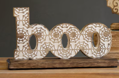 CARVED WOODEN HALLOWEEN BOO & BAT TABLETOP DECOR