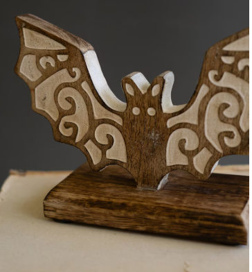 CARVED WOODEN HALLOWEEN BOO & BAT TABLETOP DECOR