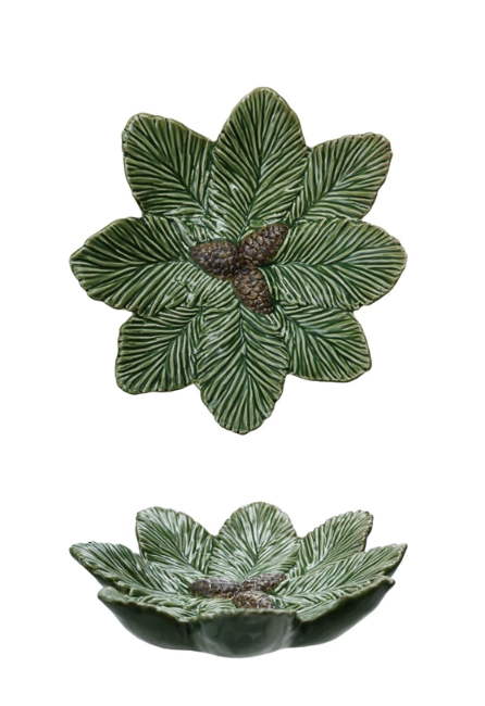 CERAMIC PINE BOUGH SHAPED PLATE WITH PINECONES