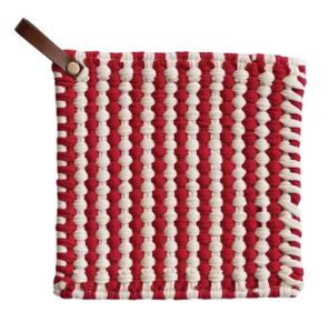 COTTON CROCHETED POT HOLDER WITH LEATHER LOOP - ASSORTED