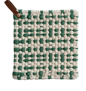 COTTON CROCHETED POT HOLDER WITH LEATHER LOOP - ASSORTED