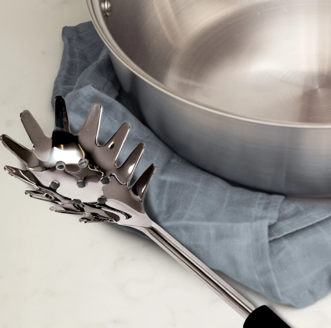 STAINLESS STEEL SLOTTED PASTA SERVER W/MANGO WOOD HANDLE & LEATHER TIE