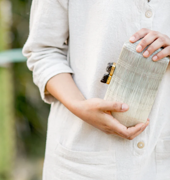 LIKHA HANDWOVEN HEXAGON CLUTCH - LIGHT GREY
