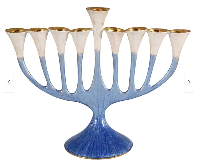 ENAMELED AND GOLD PLATED TRUMPET FLOWER BLUES MENORAH (CHANUKIAH)