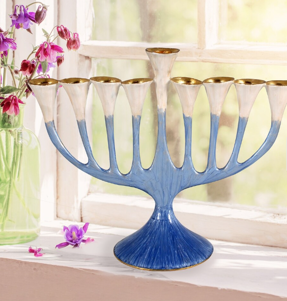 ENAMELED AND GOLD PLATED TRUMPET FLOWER BLUES MENORAH (CHANUKIAH)
