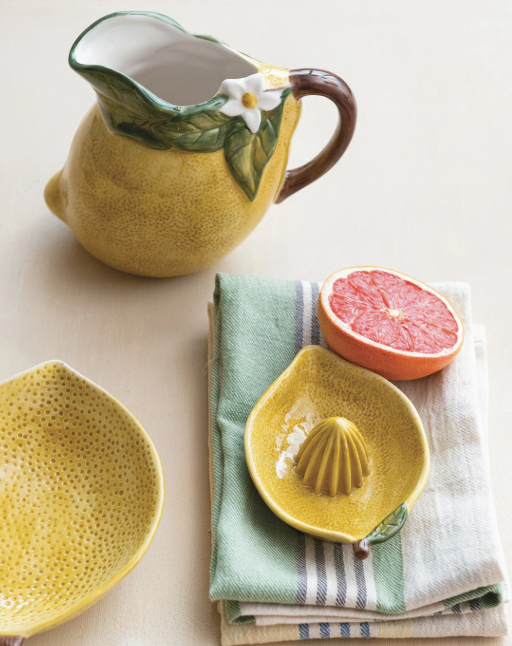 HAND-PAINTED STONEWARE LEMON SHAPED JUICER