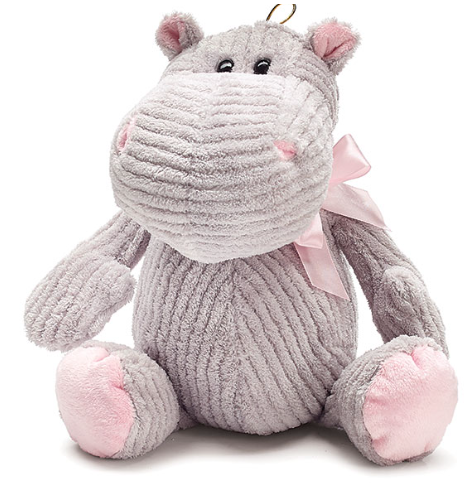 PLUSH GRAY CORDUROY HIPPO WITH PINK BOW