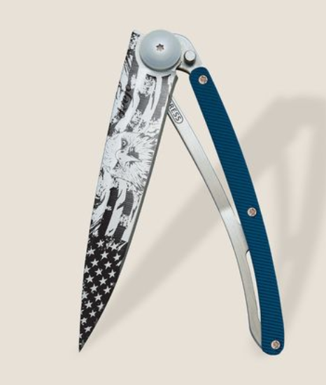 DEEJO KNIVES - 37G BLUE ALUMINUM/ AMERICAN BALD EAGLE