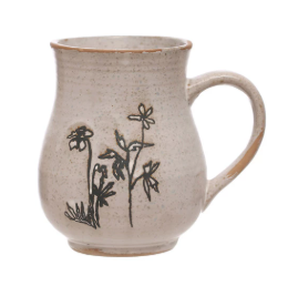 15oz. DEBOSSED BLACK & CREAM FLORAL STONEWARE MUG - ASSORTED