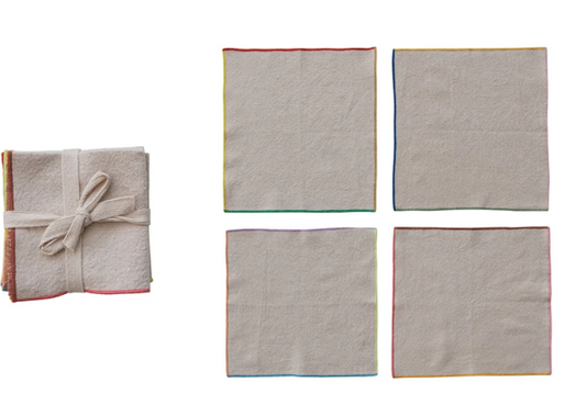 WOVEN COTTON NAPKINS WITH MULT-COLORED STITCHED EDGE - SET OF 4
