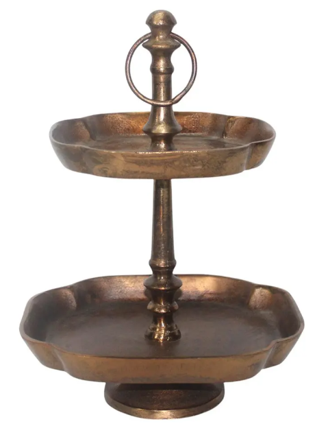 ANTIQUE BRASS HIGH-TEA TWO-TIER SQUARE SERVER