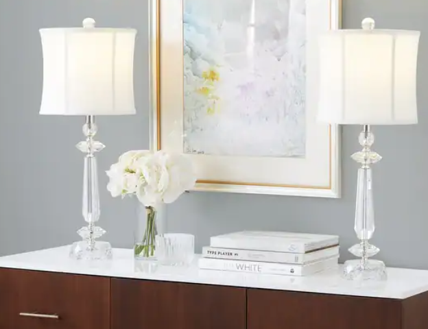 SILVER CRYSTAL TABLE LAMP WITH WHITE LINEN SHADE