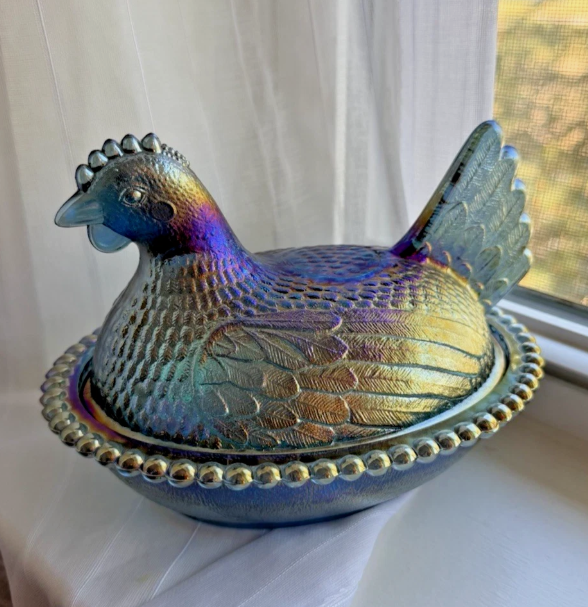 VINTAGE INDIANA IRIDESCENT CARNIVAL BLUE GLASS HEN ON A NEST BEAD COVERED DISH
